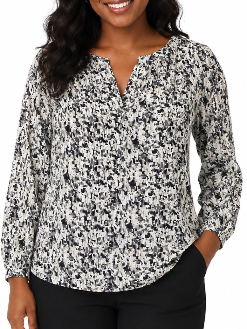 CAbi Cream Tan Black Grey Geometric Shatter Pullover Semi-Sheer Blouse